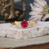 6 Prong Round Cut Ruby Brilliant Sparkle Leaf Engagement Ring Nature Inspired Ring for women
